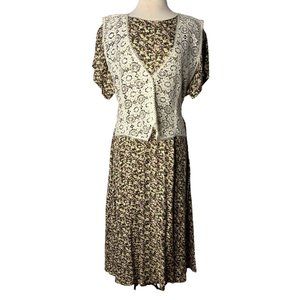 Vintage S Roberts Women's Dress size 13/14 Brown Floral Midi Short Sleeve A Styl
